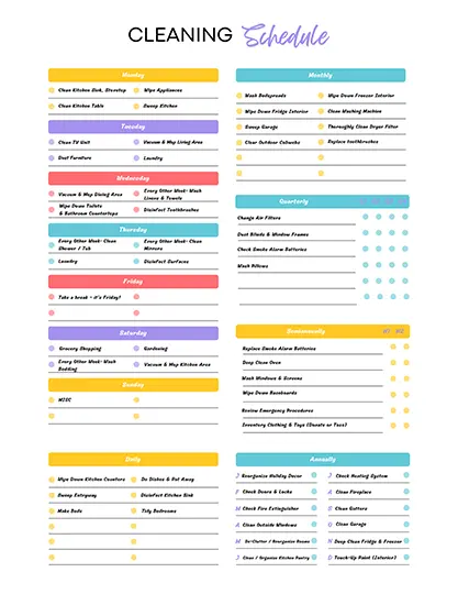 colorful cleaning schedule filled out with example tasks