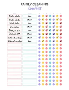 family cleaning checklist, filled out with example tasks