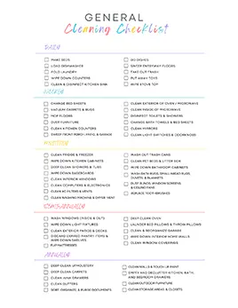 general cleaning checklist filled out with example tasks