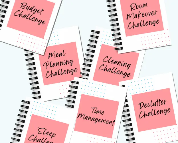 Seven challenges shown: budget, meal planning, room makeover, cleaning, time management, sleep, declutter
