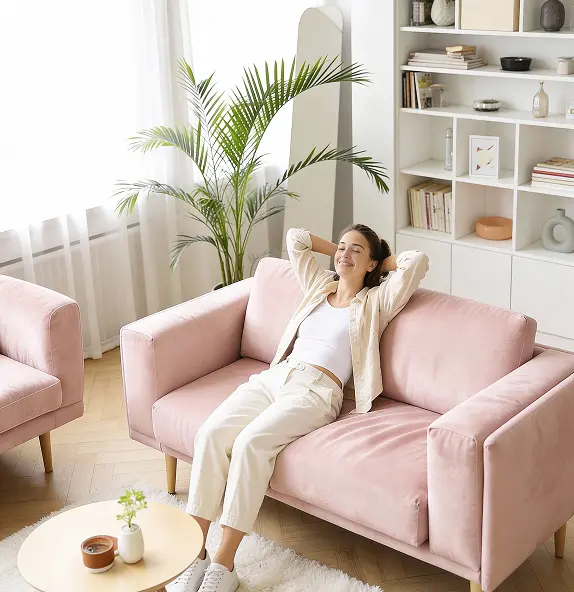 happy woman relaxing on a pink couch in her upscale living room.